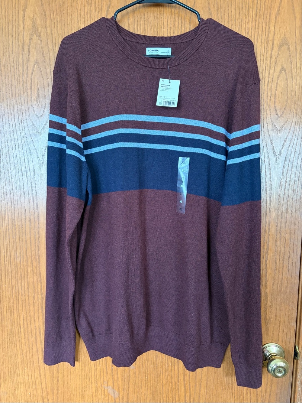 Sonoma Men's Maroon Crewneck Sweater with Navy & Light Blue Stripes—NWT!